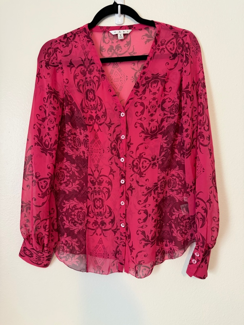 CAbi 254 Pink Paisley Baroque Print Long Sleeve Button Premiere Sheer Top Small
